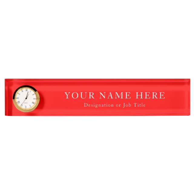 Custom Desk Name Plate in Red with Clock Feature (Front)