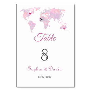 Custom Destination Watercolor World Map Wedding Table Number