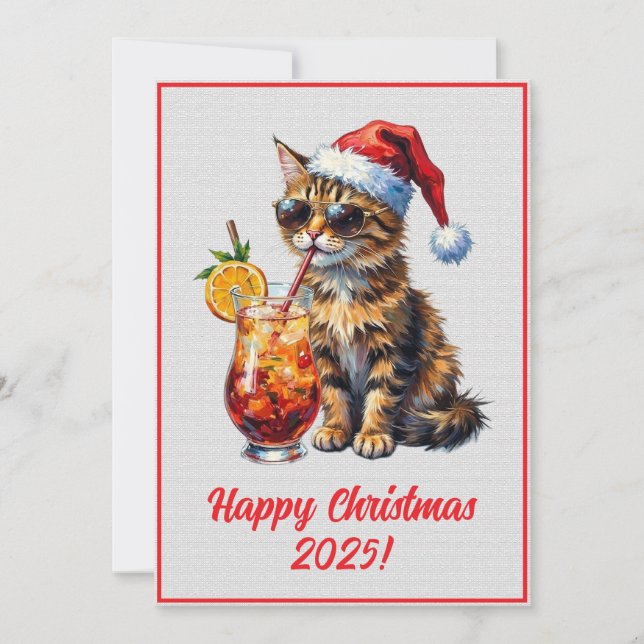 Custom Digital Christmas Cool Cat Cocktail Xmas Card (Front)