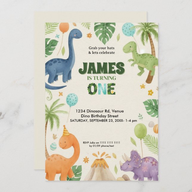 Custom Dino Jungle 1st Birthday Invitation  (Front/Back)