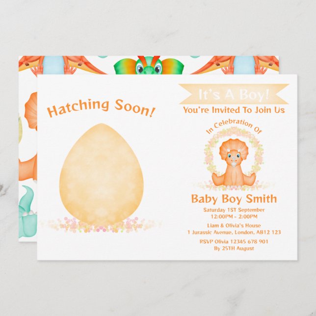 Custom Dino Watercolour Dinosaur Boy Baby Shower Invitation (Front/Back)