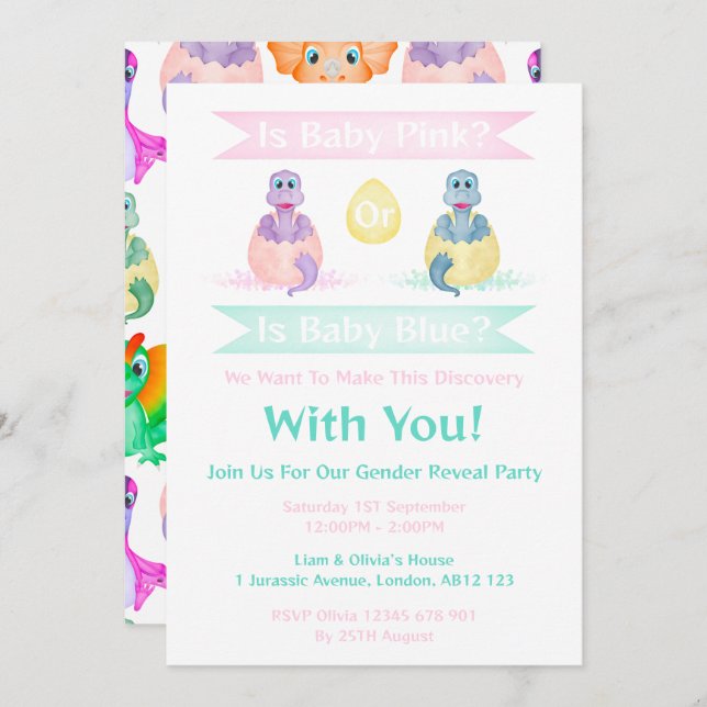 Custom Dino Watercolour Dinosaur Gender Reveal Invitation (Front/Back)