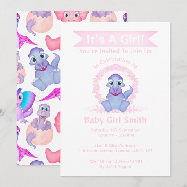 Custom Dino Watercolour Dinosaur Girl Baby Shower Invitation (Front/Back)