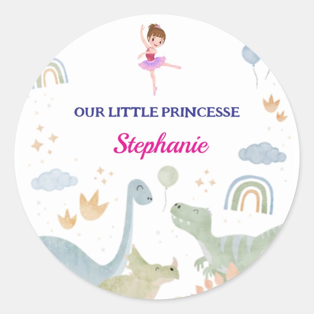 custom dinosaur ballerina ballets birthday  classic round sticker (Front)