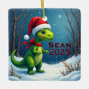 Custom Dinosaur Red Bow Ceramic Ornament