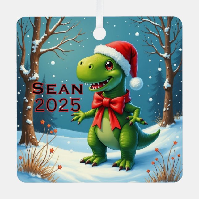 Custom Dinosaur Red Bow Metal Tree Decoration (Front)