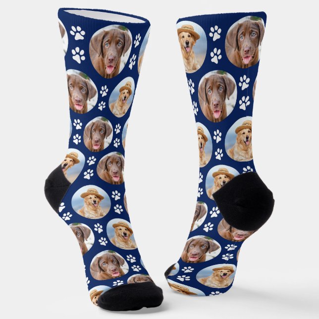 Custom Dog 2 Pet Photo Fun Blue Paw Prints Socks (Angled)