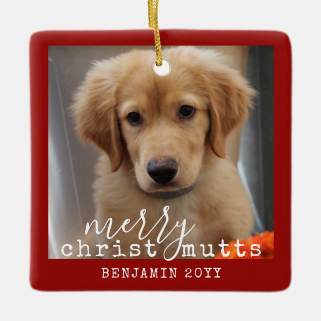 Custom Dog 2 Photo ChristMUTTS Personalized Ceramic Ornament (Front)
