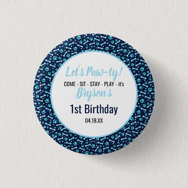 Custom Dog Birthday Blue Paw Print Puppy Pet 3 Cm Round Badge (Front)