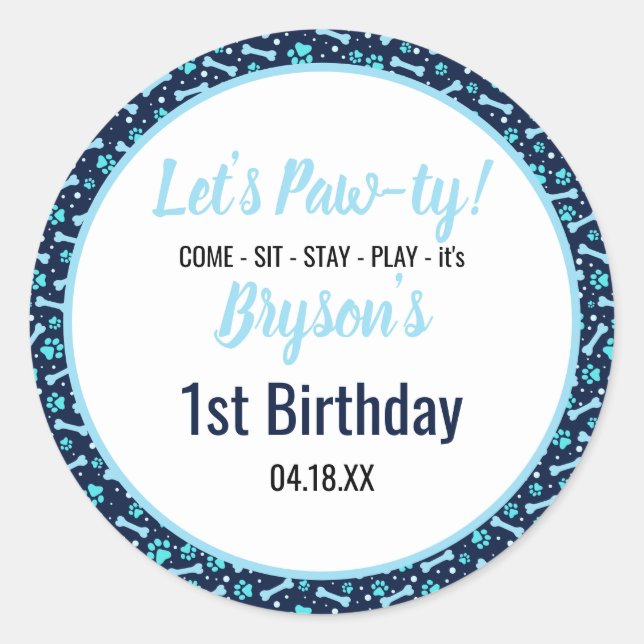 Custom Dog Birthday Blue Paw Print Puppy Pet Classic Round Sticker (Front)
