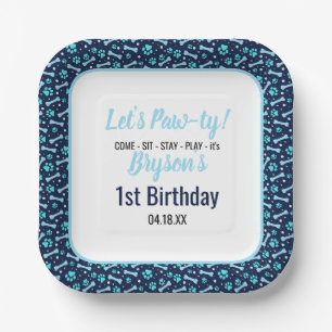 Custom Dog Birthday Blue Paw Print Puppy Pet Paper Plate