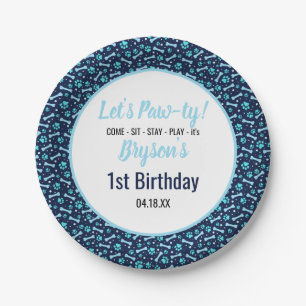 Custom Dog Birthday Blue Paw Print Puppy Pet Paper Plate