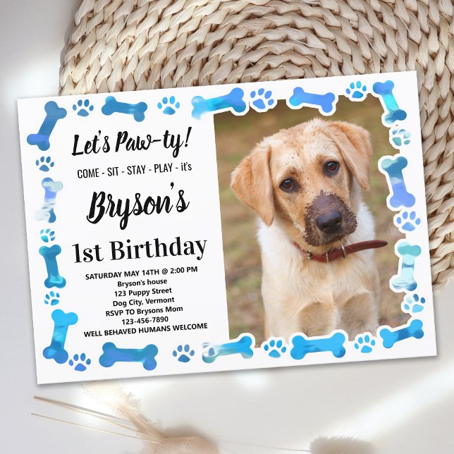 Custom Dog Birthday Blue Paw Print Puppy Pet Photo Invitation (Creator Uploaded)