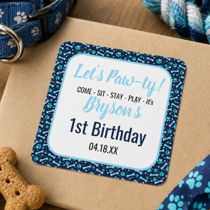 Custom Dog Birthday Blue Paw Print Puppy Pet Square Sticker