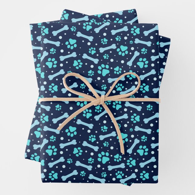 Custom Dog Birthday Blue Paw Print Puppy Pet Wrapping Paper Sheet (In situ)
