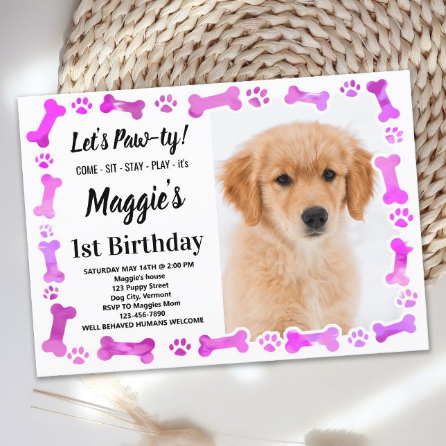 Custom Dog Birthday Pink Paw Prints Pet Photo Invitation (Creator Uploaded)