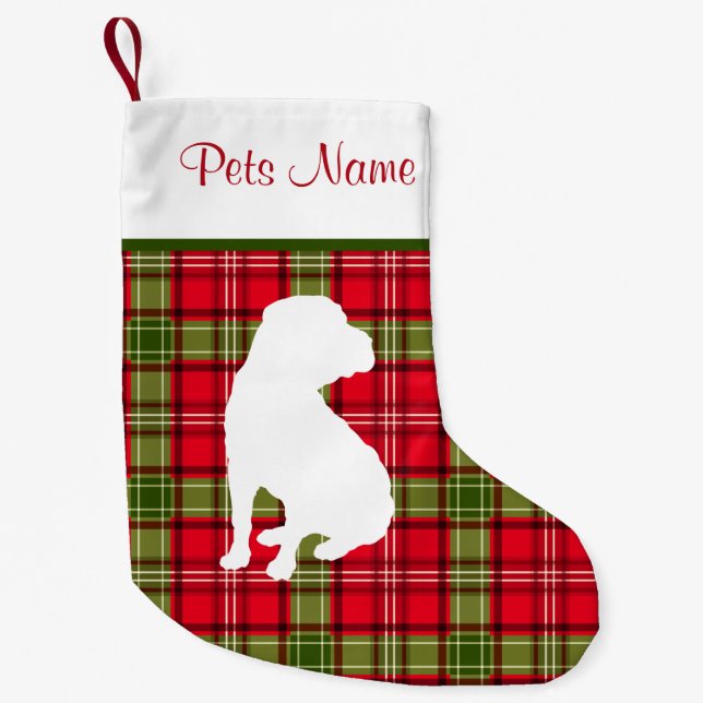 Custom Dog Breed Red & Green Plaid Small Christmas Stocking (Front)