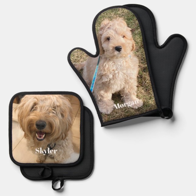 Custom dog cat pet photo and name personalised oven mitt & pot holder set (Front/Back)