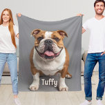 Custom Dog Fleece Blanket Pet Parent Gift Idea<br><div class="desc">Snuggle up with the sweetest memories in this custom fleece blanket, featuring your pet’s photo and name. Whether it’s a bulldog's goofy grin, a kitten’s quiet gaze, or a beloved companion you’re honouring, this blanket wraps love and comfort into every inch. Available in three sizes, it’s perfect for kids, dog...</div>