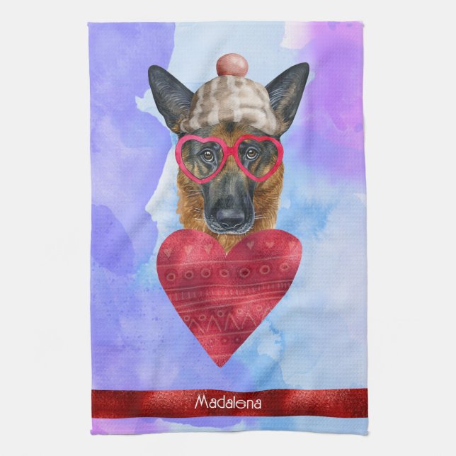 Custom Dog Lover Valentine Gift German Shepherd Tea Towel (Vertical)