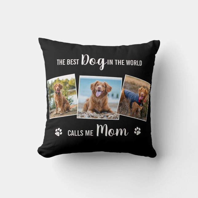 Custom Dog Mum Black Photo Collage Cushion (Front)