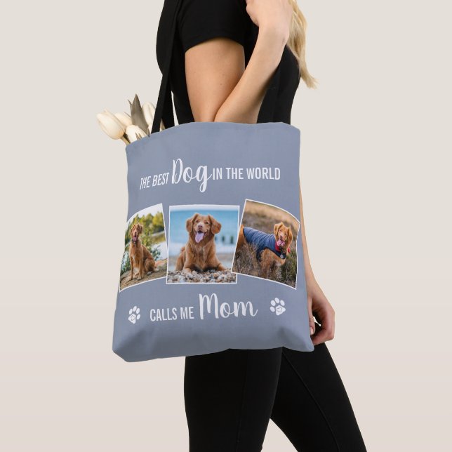 Custom Dog Mum Grey Photo Collage Tote Bag (Close Up)