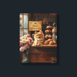 Custom Dog Name French Bakery Pomeranian Dog Canvas Print<br><div class="desc">Bring home the charm of a custom dog name Parisian café with this whimsical canvas art print featuring a fluffy Pomeranian welcoming guests to your Pâtisserie with your dog's name featured. Surrounded by fresh croissants, pastries, and cosy florals, this delightful artwork adds warmth and personality to any kitchen, dining room,...</div>