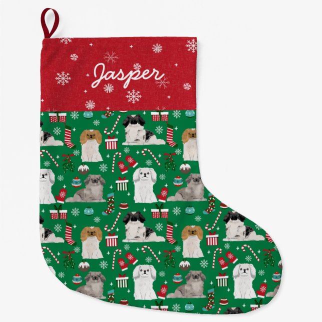 Custom dog name Pekingese dog holiday Large Christmas Stocking (Front)