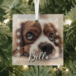 Custom Dog Name Photo Snowflakes Christmas  Glass Tree Decoration