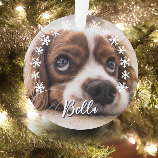 Custom Dog Name Photo Snowflakes Christmas Ornament (Creator Uploaded)