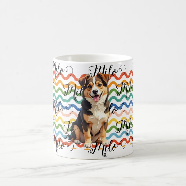 Custom Dog Name Retro Colourful Waves Personalised Coffee Mug (Center)