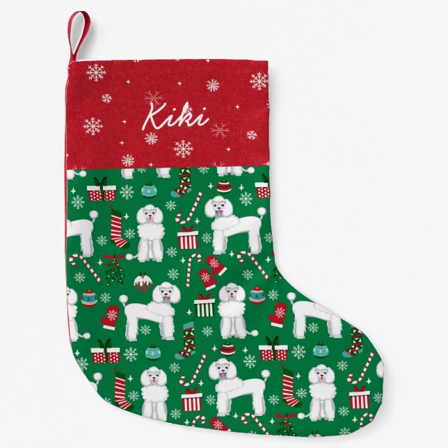 Custom dog name white poodle small christmas stocking (Front)
