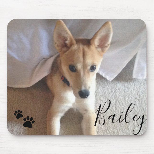 Custom Dog Pet Photo and Script Name Pawprints Mouse Pad (Front)