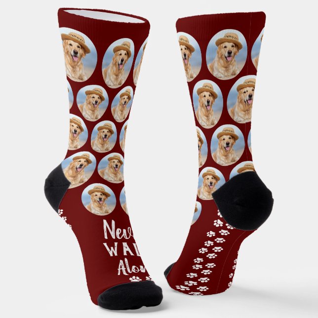 Custom Dog Pet Photo Never Walk Alone Paw Prints Socks (Angled)