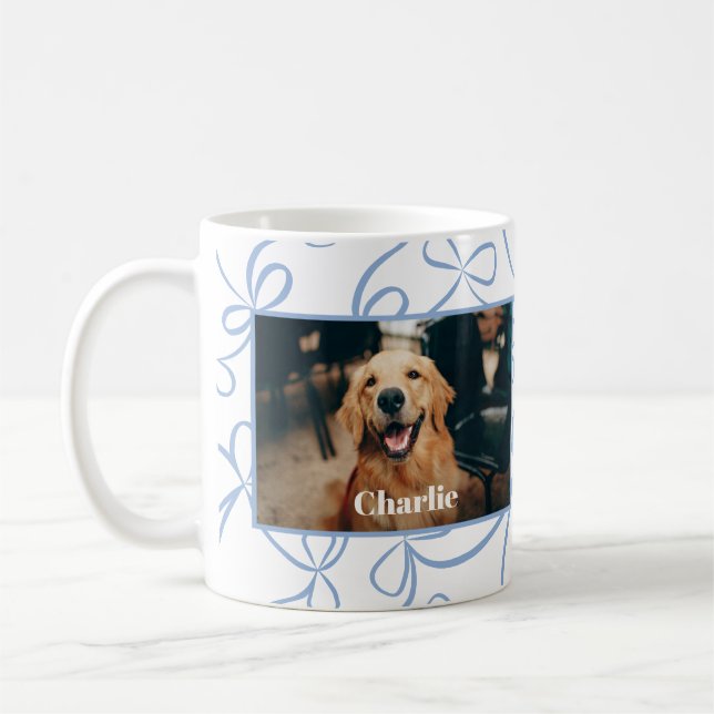 Custom Dog Photo and Name Light Blue Bow Pattern  Coffee Mug (Left)