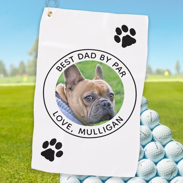 Custom Dog Photo Best Dad By Par Black White Golf Towel (Creator Uploaded)