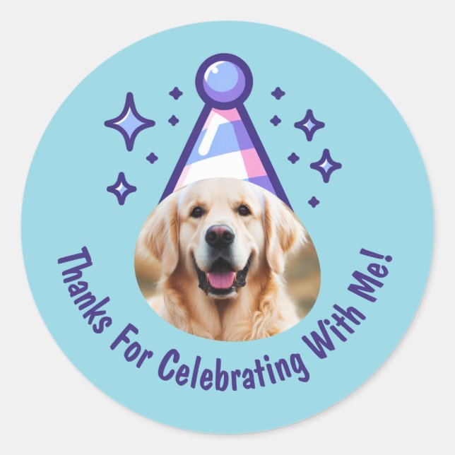 Custom Dog Photo Birthday Thanks Party Hat Favours Classic Round Sticker (Front)
