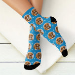 Custom Dog Photo Blue Paw Print Socks<br><div class="desc">Show your love for your puppy dog or cat with these fun and cosy custom-printed socks! Our premium crew socks feature a pattern of your favourite pet photo along with small white paw prints. Create your own by simply adding your picture to the round placeholder image. Makes a great gift...</div>