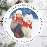 Custom Dog Photo Christmas Card Return Address  Classic Round Sticker<br><div class="desc">Celebrate the holiday season with our delightful Round Photo Return Address Labels, perfect for adding a personal touch to your Christmas cards and greetings. Designed with simplicity and modern flair, these labels feature a charming round shape that beautifully frames your family's photo or a delightful snapshot of your beloved pets,...</div>