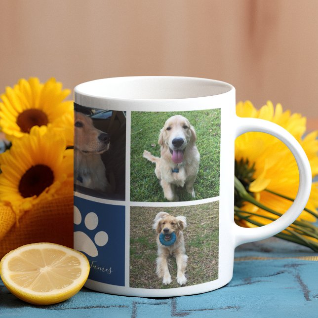 Custom Dog Photo Collage Blue Paw Print Cute Coffee Mug (Creator Uploaded)