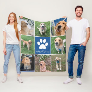 Custom Dog Photo Collage Blue Pet Paw Print Cute Fleece Blanket