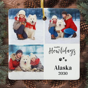 Custom Dog Photo Collage Christmas Happy Howlidays Ceramic Ornament