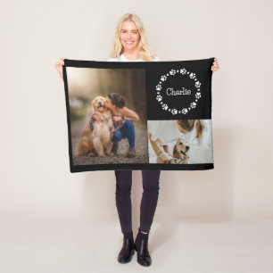 Custom Dog Photo Collage Custom Name Paw Print Fleece Blanket