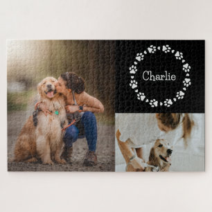 Custom Dog Photo Collage Custom Name Paw Print Jigsaw Puzzle