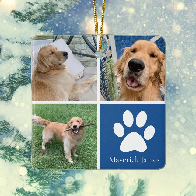 Custom Dog Photo Collage Cute Blue Pet Christmas Ceramic Ornament (Creator Uploaded)