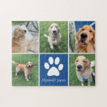 Custom Dog Photo Collage Pet Paw Print Cute Blue Jigsaw Puzzle<br><div class="desc">This beautiful custom dog photo collage puzzle is personalized with adorable pictures of your sweet pup. Customize this chic gift with your favorite 5 pet photographs around a cute blue square with a pretty white paw print and your dog's name in the center.</div>