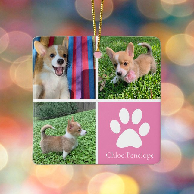 Custom Dog Photo Collage Pretty Pink Double Sided Ceramic Ornament (Creator Uploaded)