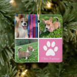 Custom Dog Photo Collage Pretty Pink Double Sided Ceramic Ornament<br><div class="desc">This beautiful puppy pet photo Christmas ornament is personalised with adorable pictures of your sweet girl dog. Customise this chic gift with your own custom pup photographs around a pretty pink square with a cute white paw print and your dog's name in the centre. Add your favourite full photograph on...</div>