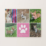 Custom Dog Photo Collage Pretty Pink Pet Paw Print Jigsaw Puzzle<br><div class="desc">This beautiful puppy pet photo puzzle is personalized with adorable pictures of your sweet girl dog. Customize this chic gift with your own custom pup photographs around a pretty pink square with a cute white paw print and your dog's name in the center.</div>
