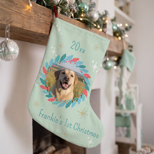 Custom Dog Photo Green Wreath Sparkle Pet Name Small Christmas Stocking